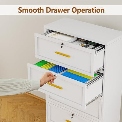 Metal Lateral File Cabinet with Lock,4 Drawer Steel Wide Filing Organization Storage Cabinets for Legal/Letter/A4/F4 Size with Hanging Files&Key,Lockable Printer Stand for Home Office, White