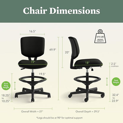 HON Volt Standing Desk Chair with Bonded Leather Seat and Back, Armless Ergonomic Task Stool with Adjustable Footring and Center‑Tilt Recline for Sit‑Stand Workstations, Black