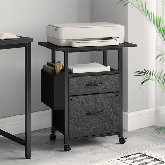 GYIIYUO 2 Drawer File Cabinet with 24'' Extended Desktop, Mobile Filing Cabinet, Rolling File Cabinet with Side Bag, Fabric Drawer, Fits A4/Letter Size, Printer Stand Home Office, Black