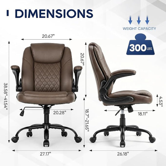 MALOL Leather Office Chair, Computer Desk Chair with Adjustable Lumbar Support, Thick Cushion, Flip-Up Arms and Ergonomic Back, Comfy Executive Office Chair for Home Office Gaming,Brown