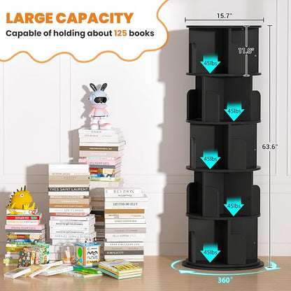 Besiost Rotating Bookshelf Tower, 5 Tier Spinning Bookcase, Revolving 360 Book Shelf Narrow Tall Bookcase, Vertical Turning Round Bookshelf Organizer, Wood Corner Book Shelf for Small Space, Black