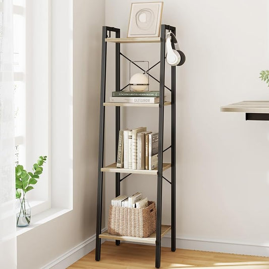 Hzuaneri Ladder Shelf, Bookshelf Bookcase, Freestanding Corner Storage Shelve with 2 Hooks for Home Office, Living Room, Kitchen, Bedroom, Industrial, 11.8" D x 13.4" W x 47.2" H, Greige BC13205B