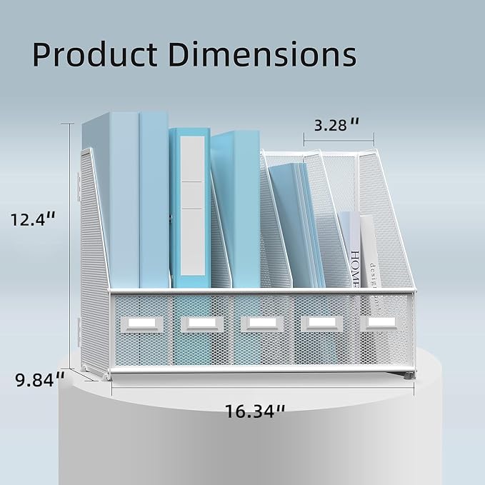 SUPEASY Desk Organizers Metal Desk Magazine File Holder with 5 Vertical Compartments Rack File Organizer for Office Desktop, Classroom, Home Workspace, White