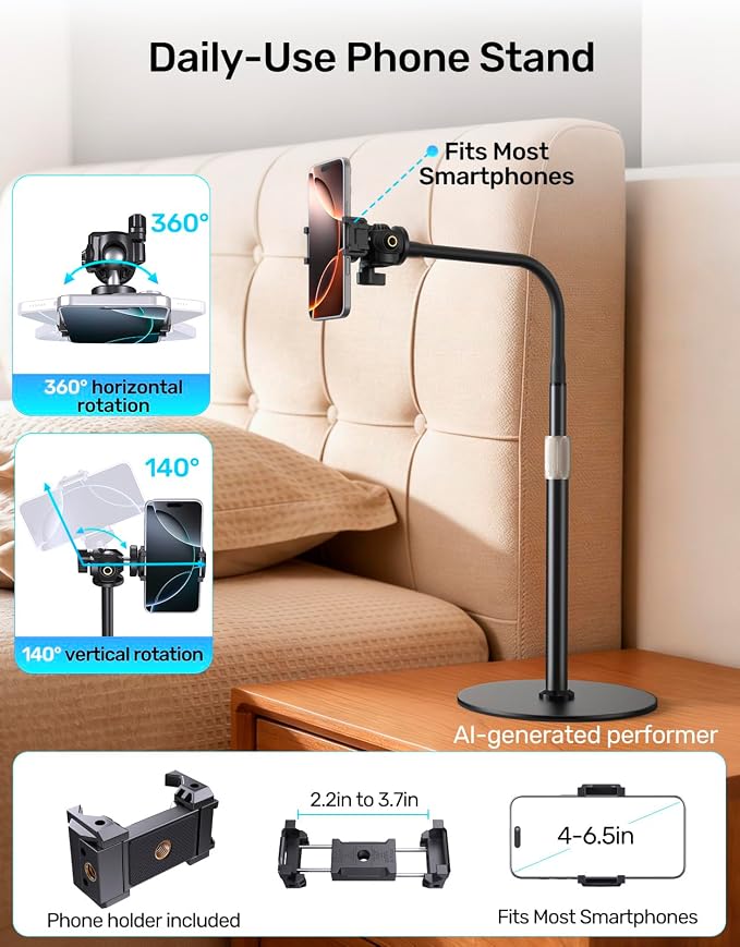 Webcam Tripod Stand with Phone Holder, Gooseneck Arm with 360° Ballhead for Desktop & Overhead Recording, Compatible with Logitech Cam C920 C922 C930e C960 C615 BRIO NexiGo N60 with 1/4'' Thread