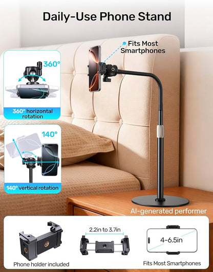 Webcam Tripod Stand with Phone Holder, Gooseneck Arm with 360° Ballhead for Desktop & Overhead Recording, Compatible with Logitech Cam C920 C922 C930e C960 C615 BRIO NexiGo N60 with 1/4'' Thread