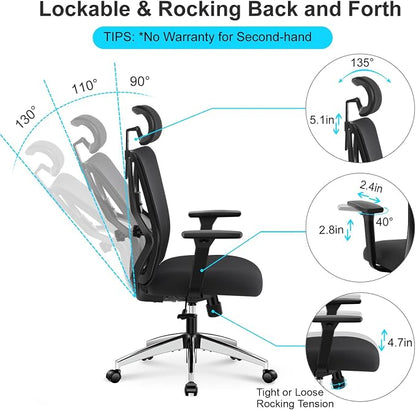 Ticova Ergonomic Office Chair - High Back Desk Chair with Adjustable Lumbar Support & 3D Armrest - 130°Reclining & Rocking Mesh ComputerChair with Thick Seat Cushion & Rotatable Headrest