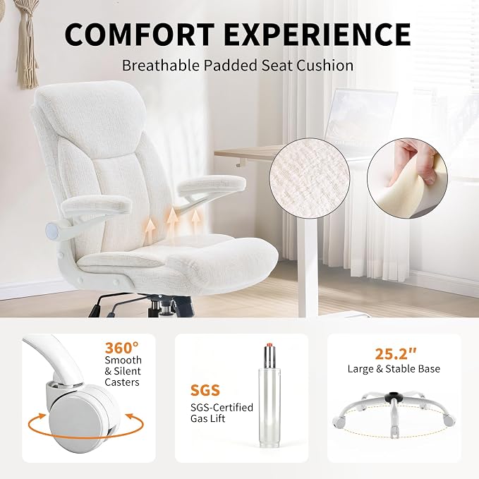 Home Office Ergonomic Desk Chair - Comfy Fabric Executive Chair with Flip-Up Armrests, Height Adjustable Computer Chair for Gaming, 360° Swivel & Rocking (White)
