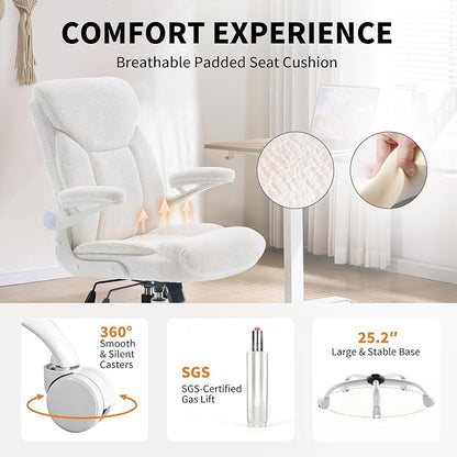 Home Office Ergonomic Desk Chair - Comfy Fabric Executive Chair with Flip-Up Armrests, Height Adjustable Computer Chair for Gaming, 360° Swivel & Rocking (White)