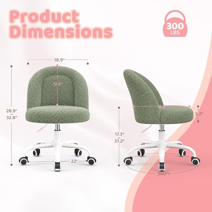 DurayLoly Armless Vanity Chair with Wheels, Ultra-Soft Teddy Fleece, Adjustable Height & 360°Swivel, Rolling Desk Chair for Bedroom, Dorm & Vanity Table, Ideal for Teens & Adults, Sage Green