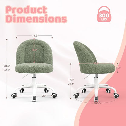 DurayLoly Armless Vanity Chair with Wheels, Ultra-Soft Teddy Fleece, Adjustable Height & 360°Swivel, Rolling Desk Chair for Bedroom, Dorm & Vanity Table, Ideal for Teens & Adults, Sage Green