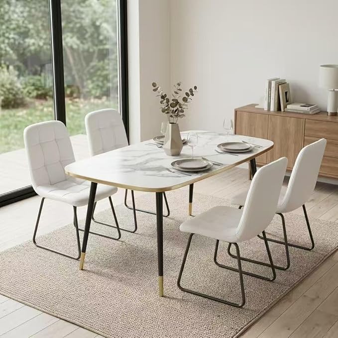 HIPIHOM 47''Dining Table Set for 4,Modern Wood Dining Table,Leather Dining Chairs 4,Table and Chairs Set of 4,Ideal for Kitchen Dining Room