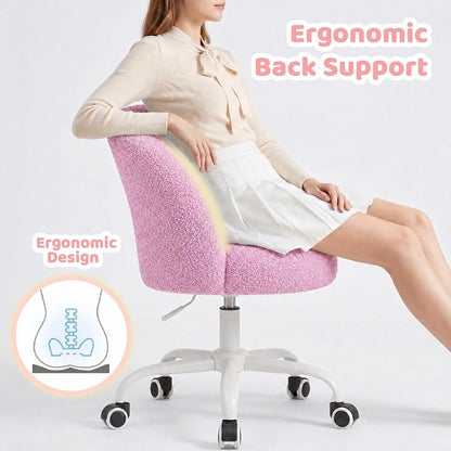 DurayLoly Vanity Chair Armless Cute Desk Chair with Wheels Soft Teddy Fleece Swivel Task Chair Adjustable Height & Silent Casters Ideal for Vanity Table, Bedroom & Dorm Lilac Purple