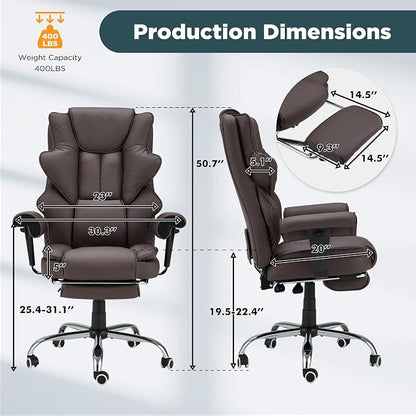 HOMREST Brown Ergonomic Office Chair | 6-Point Vibration Massage & Heat, Reclining Executive Chair, Adjustable Footrest and Armrests, PU Leather Big and Tall