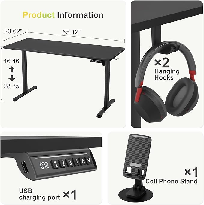 Furmax Electric Standing Desk, 55 x 24 Inches Sit Stand up Desk, Sit Stand Height Adjustable Home Office Desk with 4 Height Position Memory (Black, 55)