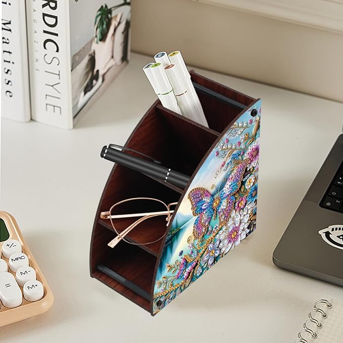 Elegant Butterfly & Floral Diamond Painting Storage Box – Curved Multi-Compartment Wooden Organizer with DIY Diamond Art Decoration for Adults