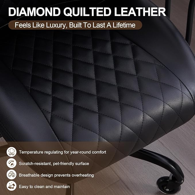 Office Chair with Rubber Wheels, Ergonomic Computer Chair 500 lbs, Leather Desk Chair with Lumbar Support, Executive Chair Adjustable Height & Recline, Black | Ergonomic, Lumbar Support, 360° Swivel & Rolling Wheels, Adjustable Height, for Adults & Women
