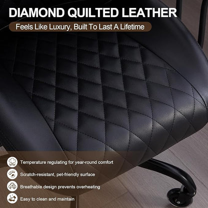 Office Chair with Rubber Wheels, Ergonomic Computer Chair 500 lbs, Leather Desk Chair with Lumbar Support, Executive Chair Adjustable Height & Recline, Black | Ergonomic, Lumbar Support, 360° Swivel & Rolling Wheels, Adjustable Height, for Adults & Women