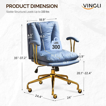 VINGLI Home Office Desk Chair Comfy with Wheels & Armrests,Gold Base Vanity Chair with Back,Adjustable Rolling Swivel Computer Task Chair for Study,Home Office,Cat Scratch PU,Navy Blue