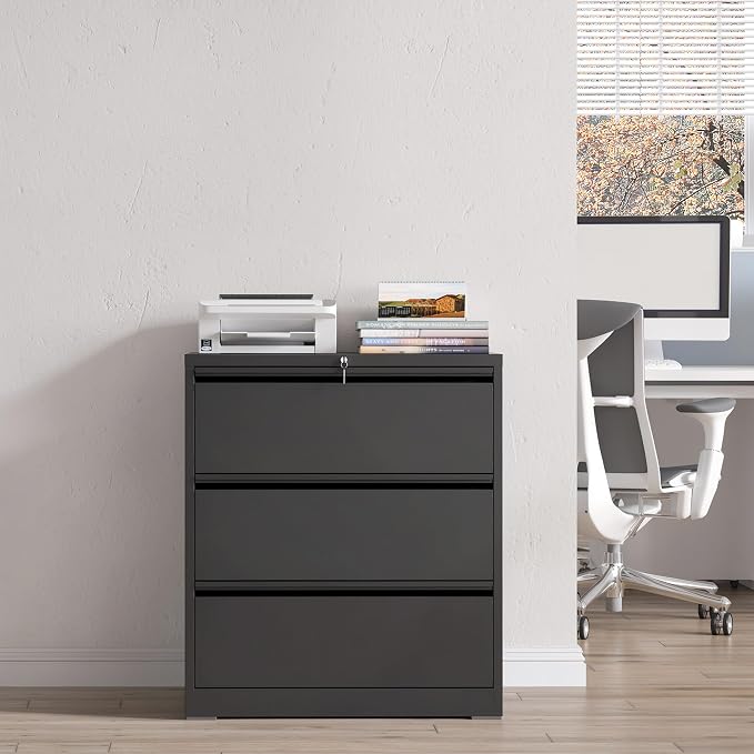 3 Drawer File Cabinet with Lock, Black Metal Lateral Filing Cabinets for Home Office, Heavy Duty Steel Horizontal Locking Storage Cabinet for Legal/Letter/A4 Size File, Assembly Required