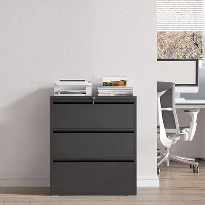 3 Drawer File Cabinet with Lock, Black Metal Lateral Filing Cabinets for Home Office, Heavy Duty Steel Horizontal Locking Storage Cabinet for Legal/Letter/A4 Size File, Assembly Required