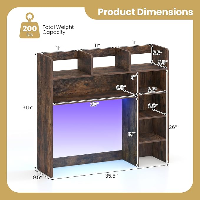 LDAILY Desktop Bookshelf with LED Lights, 35.5’’ Wooden Desk Shelf with 8 Cubes & 3 Adjustable Storage Shelves, 5-Tier Desk Hutch for Dorm College Office Computer Monitor Up to 25’’(Rustic Brown)