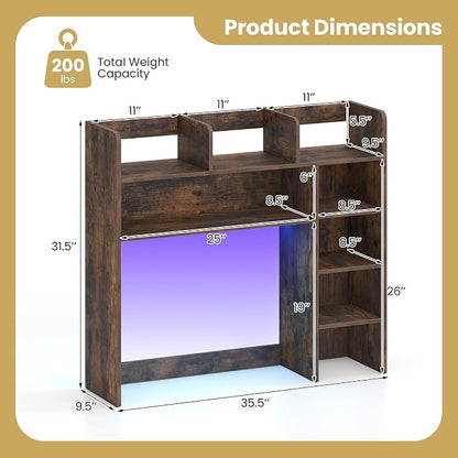 LDAILY Desktop Bookshelf with LED Lights, 35.5’’ Wooden Desk Shelf with 8 Cubes & 3 Adjustable Storage Shelves, 5-Tier Desk Hutch for Dorm College Office Computer Monitor Up to 25’’(Rustic Brown)