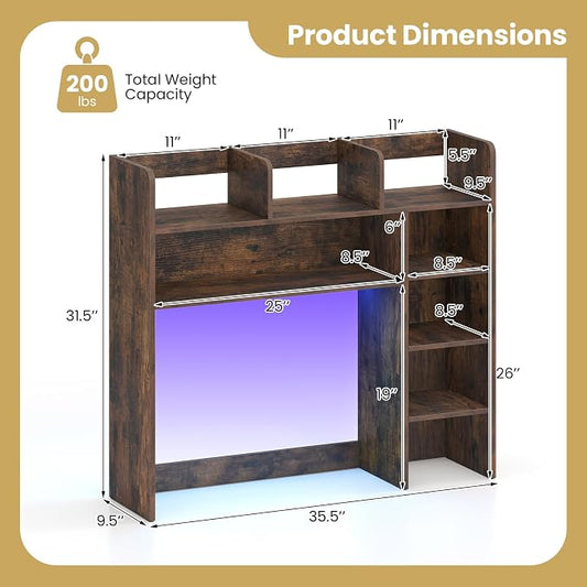 LDAILY Desktop Bookshelf with LED Lights, 35.5’’ Wooden Desk Shelf with 8 Cubes & 3 Adjustable Storage Shelves, 5-Tier Desk Hutch for Dorm College Office Computer Monitor Up to 25’’(Rustic Brown)