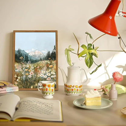 Framed Boho Landscape Wall Art, Colorful Floral Mountain Pictures Wall Decor, Vintage Wildflower Nature Paintings Canvas Prints Rustic Home Decor for Living Room Bedroom Office 16x24 inch