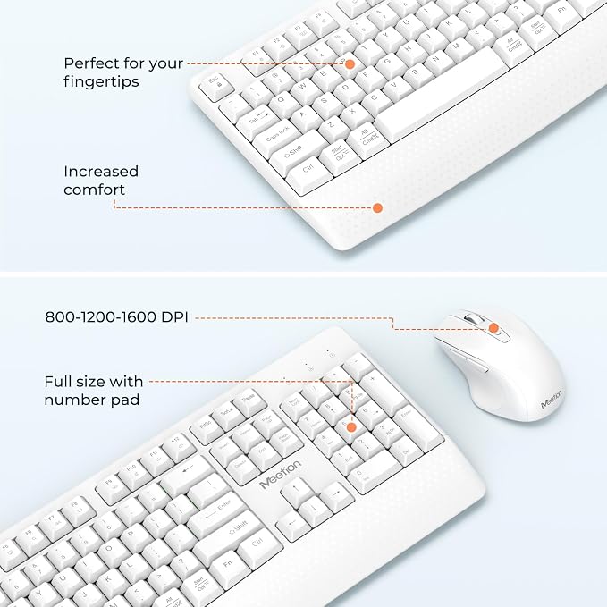 MEETION White Wireless Keyboard and Mouse, 2.4G USB Receiver Plug-and-Play, Computer Keyboard with Wrist Support, 3 Level DPI Mouse, Long Time Lasting Battery for PC/Mac/Windows/Laptop, White