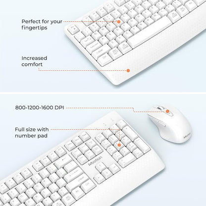 MEETION White Wireless Keyboard and Mouse, 2.4G USB Receiver Plug-and-Play, Computer Keyboard with Wrist Support, 3 Level DPI Mouse, Long Time Lasting Battery for PC/Mac/Windows/Laptop, White