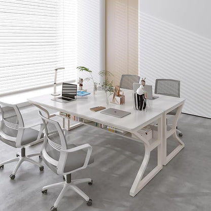 OSCHF Extra Long Desk with Bookshelf - 63" Double Long Writing Table for 2-Person Workstation, Modern Study Work Computer Desk for Home and Office, Warm White