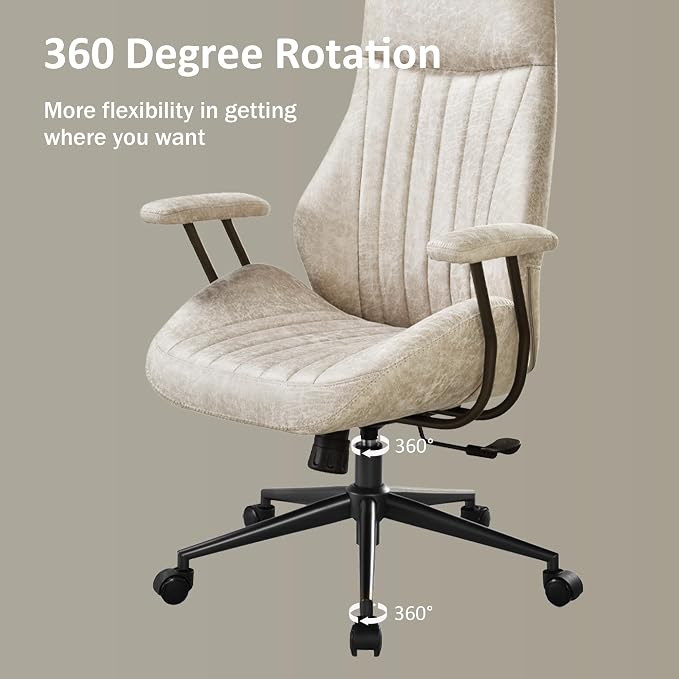 High Back Home Office Chair, Mid Century Vintage Executive Chair,Comfy Ergonomic Rolling Office Task Chair with Lumbar Support, Faux Leather Office Chair,Beige