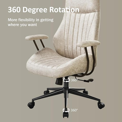 High Back Home Office Chair, Mid Century Vintage Executive Chair,Comfy Ergonomic Rolling Office Task Chair with Lumbar Support, Faux Leather Office Chair,Beige