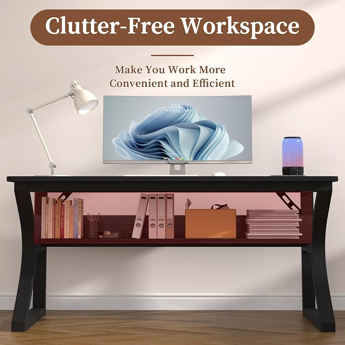 AZN Computer Desk, 55 X 20 inch Computer Desk, Office Desk w/Storage, Large Legroom, Sturdy Metal Frame, Home Office Desks for Gaming Study Writing Work, Waterproof, Scratch-Resistant, Black