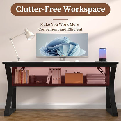AZN Computer Desk, 47 X 20 inch Computer Desk, Office Desk w/Storage, Large Legroom, Sturdy Metal Frame, Home Office Desks for Gaming Study Writing Work, Waterproof, Scratch-Resistant, Black