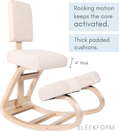 Sleekform East Austin Ergonomic Kneeling Chair with Back Support - Winter Linen and Wood Ergo Stool for Desk - Best Ergonomic Kneeling Office Chair for Posture and Leg Circulation