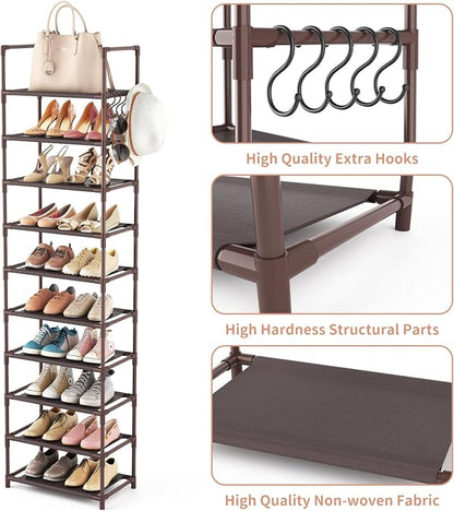 LANTEFUL 10 Tiers Tall Shoe Rack 20-25 Pairs Boots Organizer Storage Sturdy Narrow Shoe Shelf for Entryway, Closets with Hooks, Brown