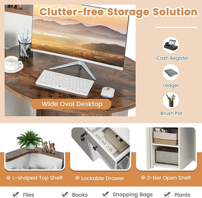 Tangkula Reception Desk, Front Counter Desk with Lockable Drawer & Adjustable Shelf, Oval Desktop, Retail Counter for Checkout, Computer Workstation for Salon Lobby Office, Home Office Desk