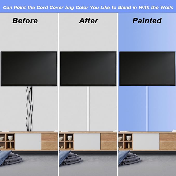 TV Cord Hider, 44in Cable Raceway Kit, Self Adhesive Wire Covers for Cords on Wall, Large Cord Cover for Wall Mounted TV, Holds Up to 4 Cables, Paintable Cable Management System, W1.2in H0.6in