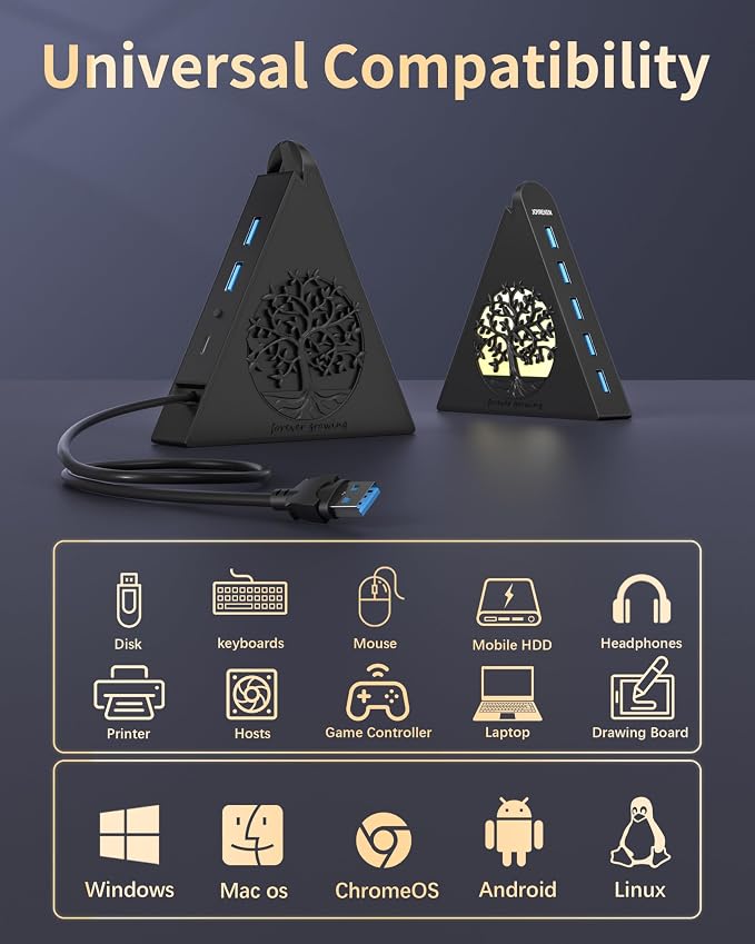 7-Port USB 3.0 Hub, Vertical USB Hub Splitter with RGB Lighting, 5Gbps High-Speed Data Transfer and 2FT Extension Cable, Compatible with Laptop, PC, Desktop, MacBook, PS5, Xbox, Flash Drive