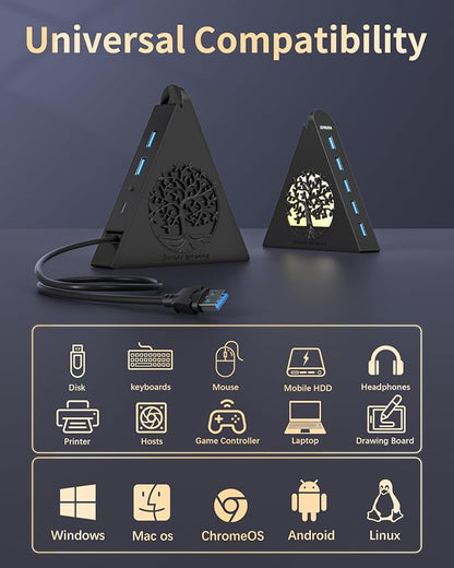 7-Port USB 3.0 Hub, Vertical USB Hub Splitter with RGB Lighting, 5Gbps High-Speed Data Transfer and 2FT Extension Cable, Compatible with Laptop, PC, Desktop, MacBook, PS5, Xbox, Flash Drive