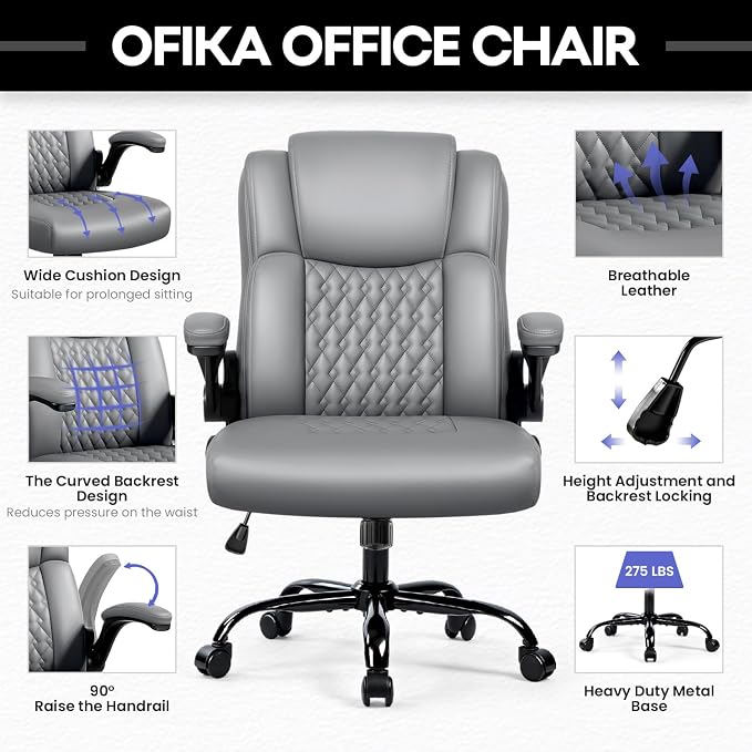 OFIKA Leather Office Desk Chair,Ergonomic Office Chair with Lumbar Support,Computer Chair,Executive Leather Chair with Padded Flip-up Arm,Adjustable Armrests, Gray,275LBS