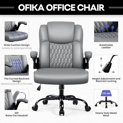 OFIKA Leather Office Desk Chair,Ergonomic Office Chair with Lumbar Support,Computer Chair,Executive Leather Chair with Padded Flip-up Arm,Adjustable Armrests, Gray,275LBS