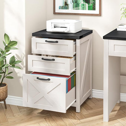 Halitaa 3 Drawer Small File Cabinet, Farmhouse Vertical Filing Cabinet Fits Letter and A4 Size, Under Desk Wooden File Cabinets for Home Office, Printer Stand, White and Black