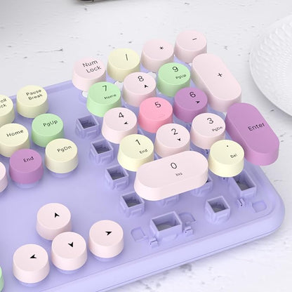 UBOTIE Dual Mode Colorful Wireless Keyboard, Bluetooth and USB Receiver Retro Typewriter Round Keycaps Keyboard Support Multi Devices for PC Laptop Tablet Phones(Purple Colorful)