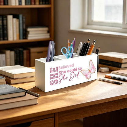 She Believed She Could So She Did Pen Pencil Holder Organizer for Desk, Inspirational Gifts for Women Friends, Graduation Gifts for Women Her, Pink Butterfly Wood Signs Desk Accessories