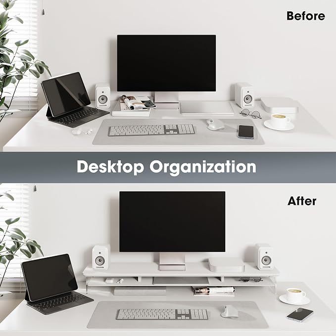 Fenge Acrylic Monitor Stand, 42.5 Inch Clear Dual Monitor Riser with Metal Storage, 2 Tier Computer Riser with LED Lights for Desk, Laptop, Printer, TV