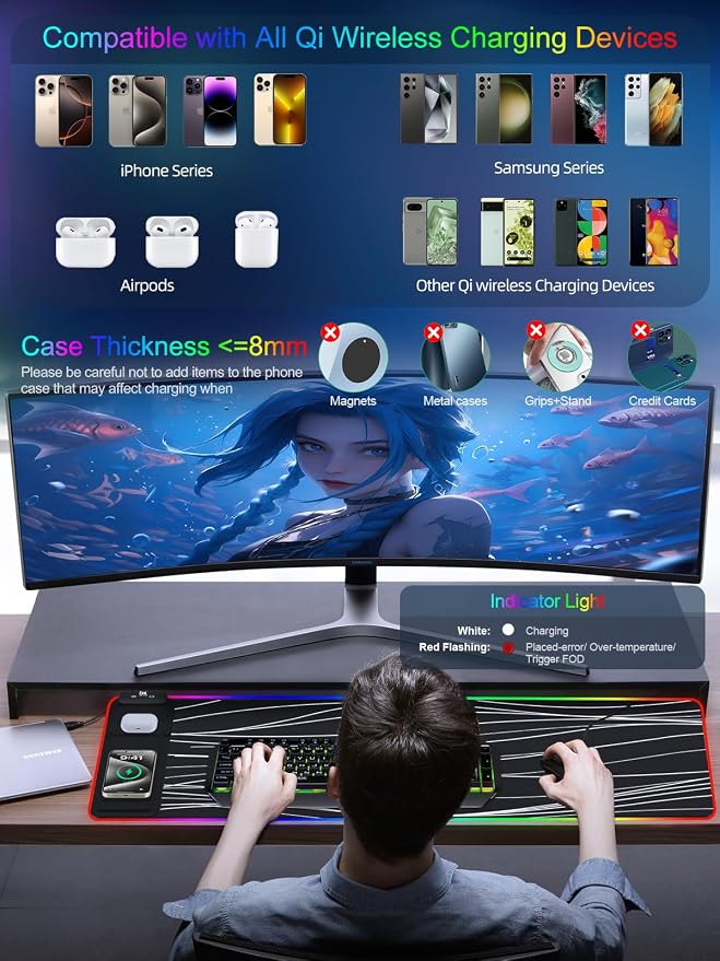 XXL Mouse Pad with Phone Holder - Black, RGB Desk Mat with 15W Fast Charging, LED Gaming Mousepad with 11 Light Colors, Waterproof Non-Slip Pad for Office & Home (Wave)