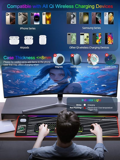 XXL Mouse Pad with Phone Holder - Black, RGB Desk Mat with 15W Fast Charging, LED Gaming Mousepad with 11 Light Colors, Waterproof Non-Slip Pad for Office & Home (Wave)