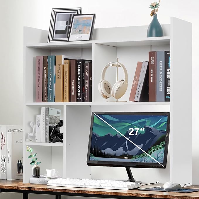 Desktop Bookshelf 36" Tall, White Desk Hutch for Dorm Computer Desk, 4-Tire Wood Desk Shelf Storage Organizer for Office Home